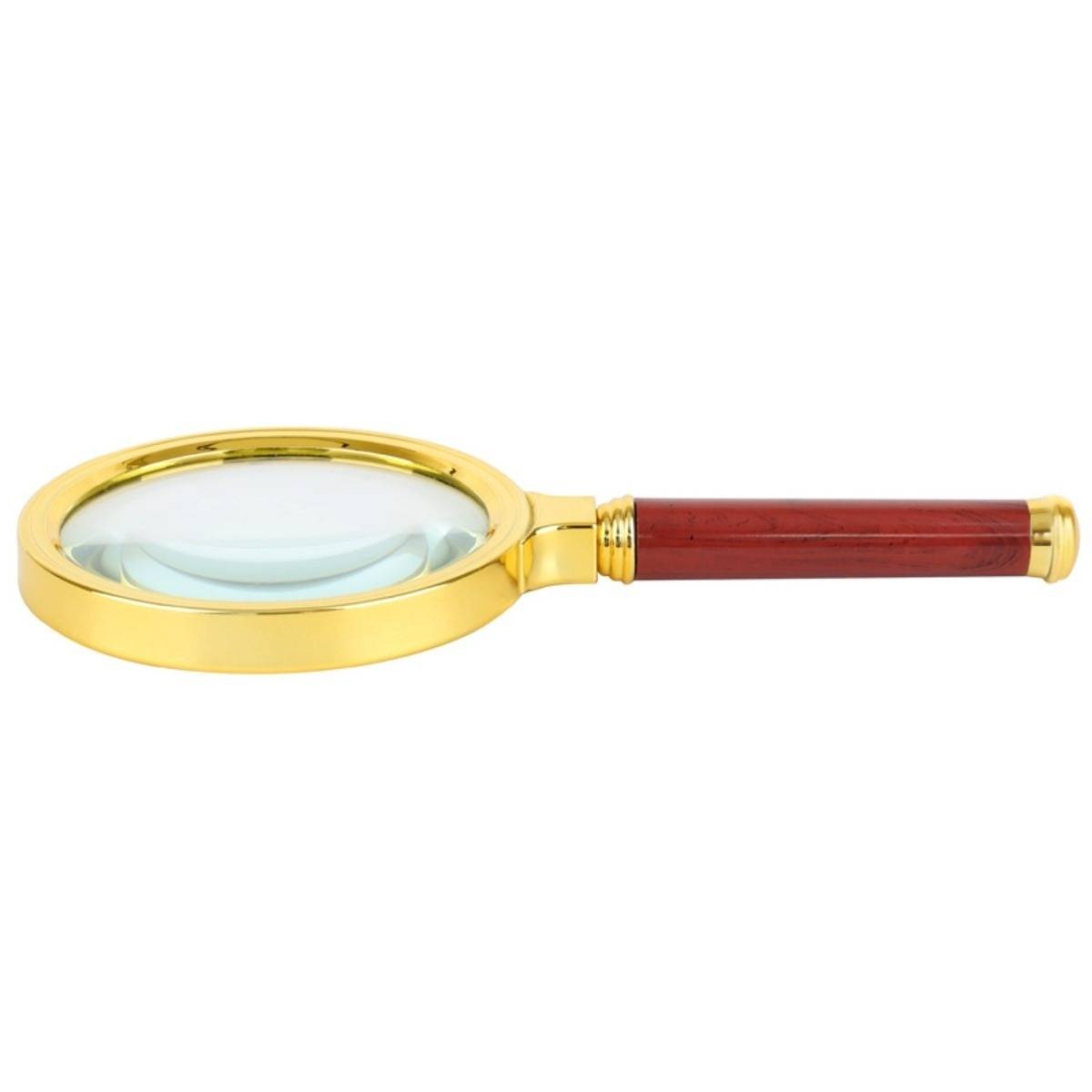 Eine goldgerahmte Lupe mit rotem Holzgriff auf weißem Hintergrund.