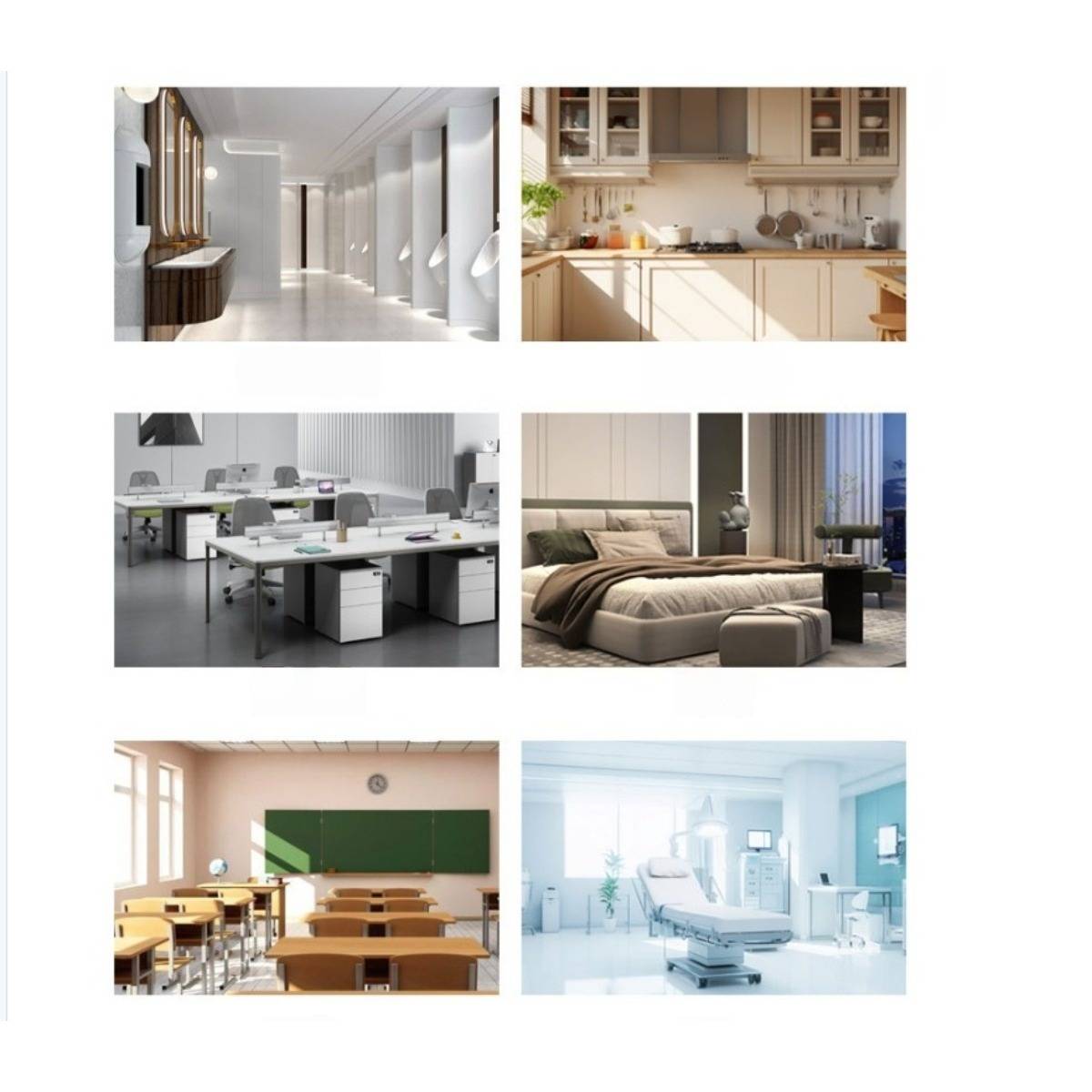 Sechs Innenarchitektur-Konzeptbilder: Flur, Küche, Büro, Schlafzimmer, Klassenzimmer und Krankenzimmer.