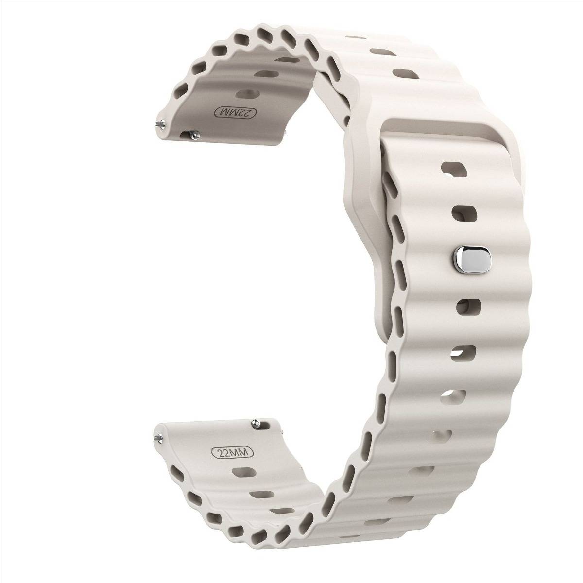 Weiße Smartwatch-Armband aus Silikon mit perforiertem Design und Metallverschluss, isoliert auf weißem Hintergrund dargestellt.