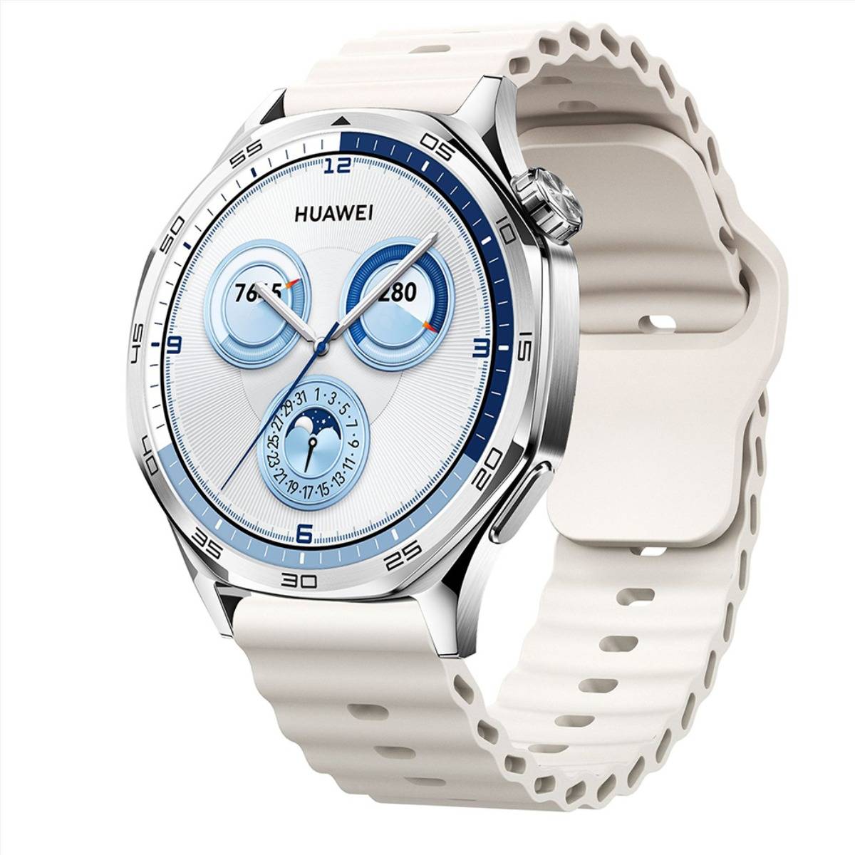 Weiße Huawei-Smartwatch mit silbernem rundem Zifferblatt, blau akzentuiertem analogem Display und weißem Silikonarmband in Vorder- und Seitenansicht dargestellt.