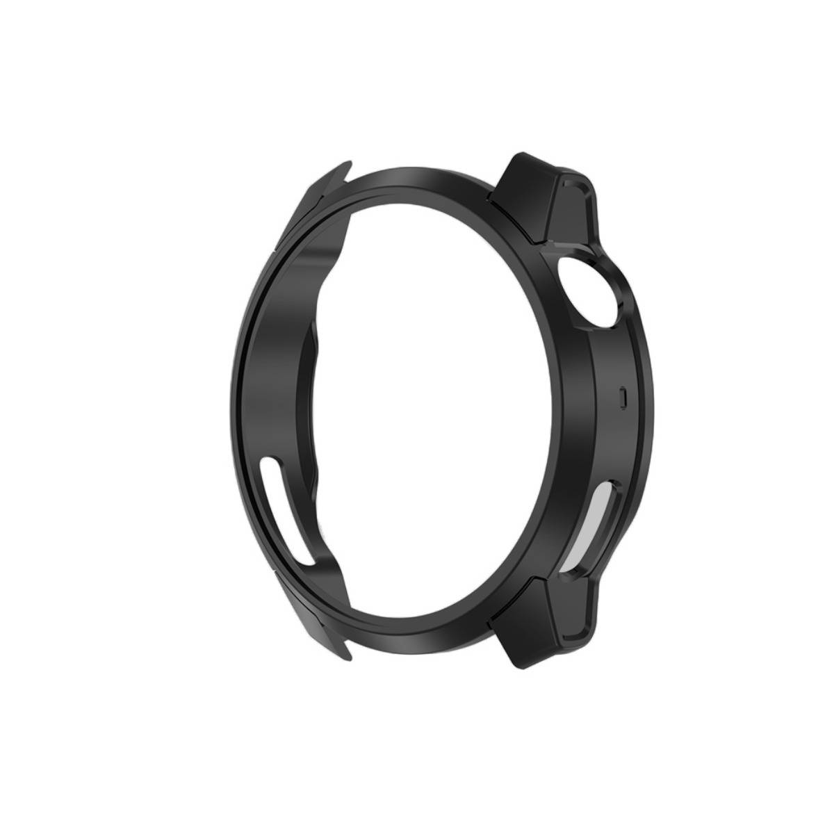 Schwarze Schutzhülle mit Ring für eine runde Smartwatch, gezeigt auf weißem Hintergrund.