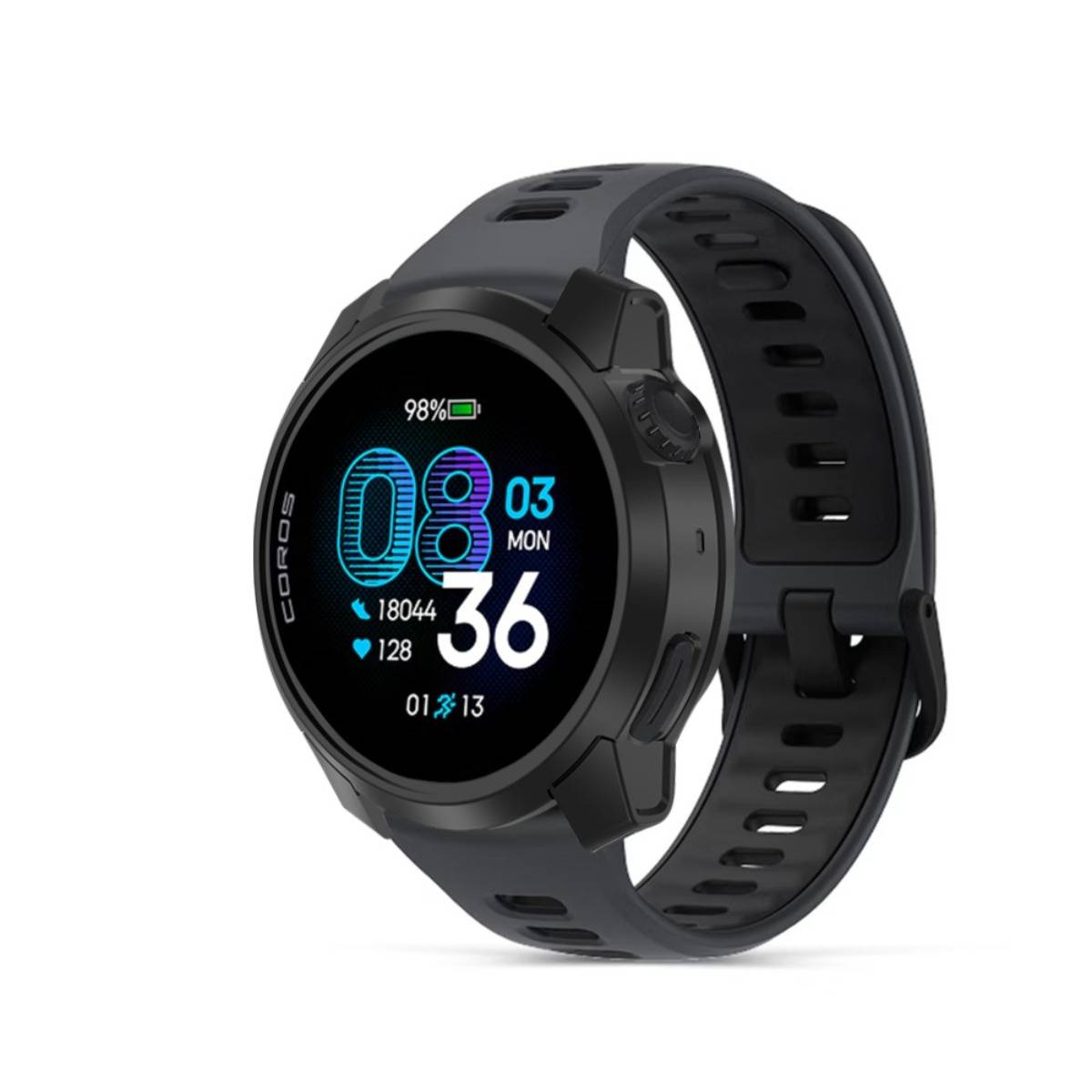 Schwarze kreisförmige Smartwatch mit Silikonband, die die Uhrzeit 08:36, das Datum Mo 03, Akkuladung 98% und Fitness-Statistiken auf dem Bildschirm anzeigt.