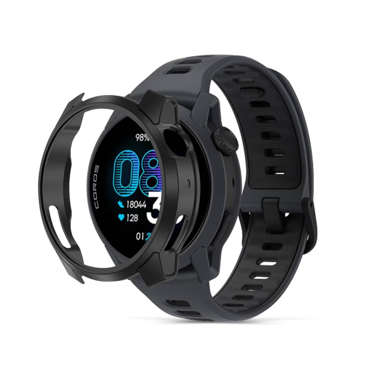 Schwarze robuste Smartwatch mit rundem digitalem Display, Schutzlünette und Silikonarmband auf weißem Hintergrund dargestellt.