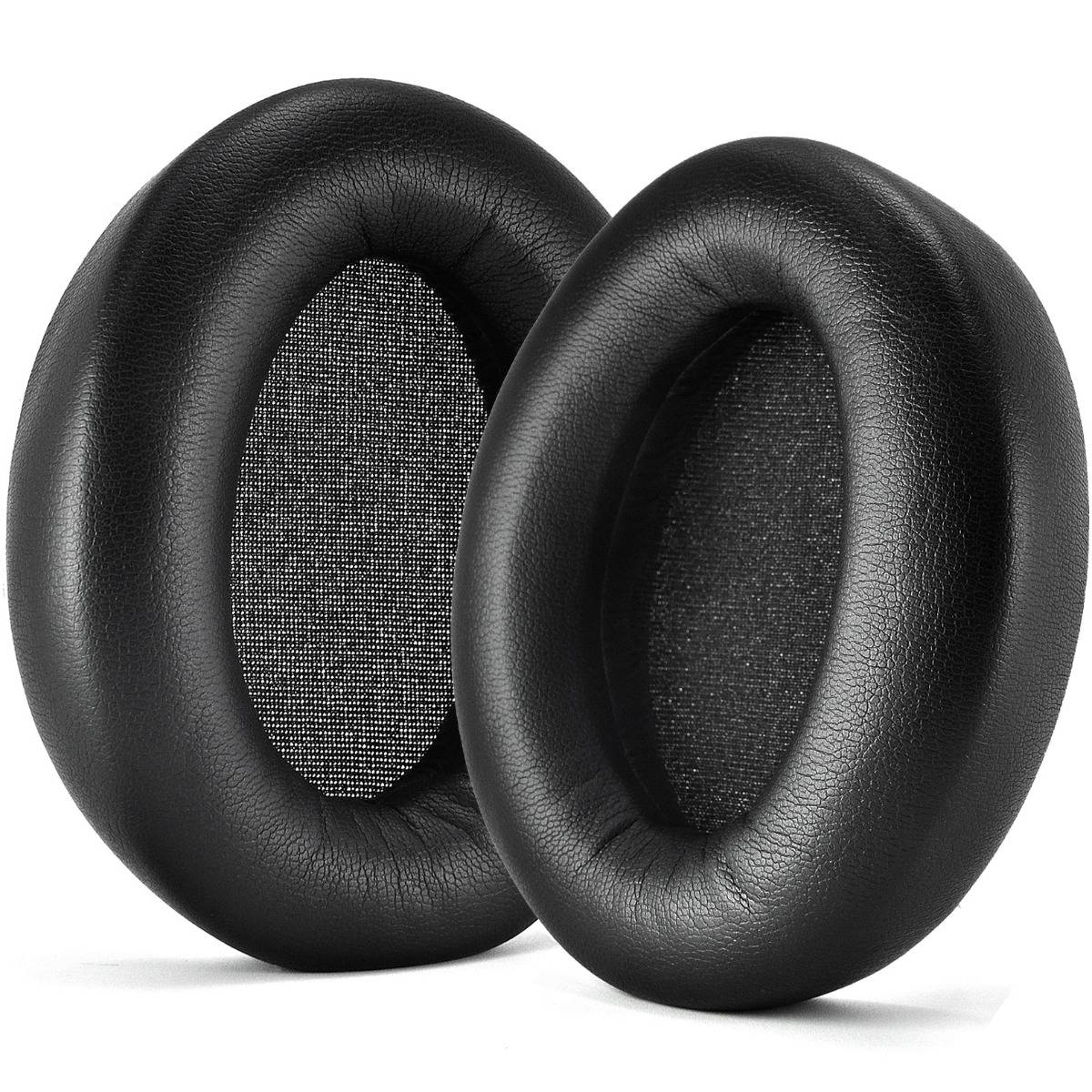 Zwei schwarze Over-Ear-Kopfhörer-Ohrmuscheln auf weißem Hintergrund.