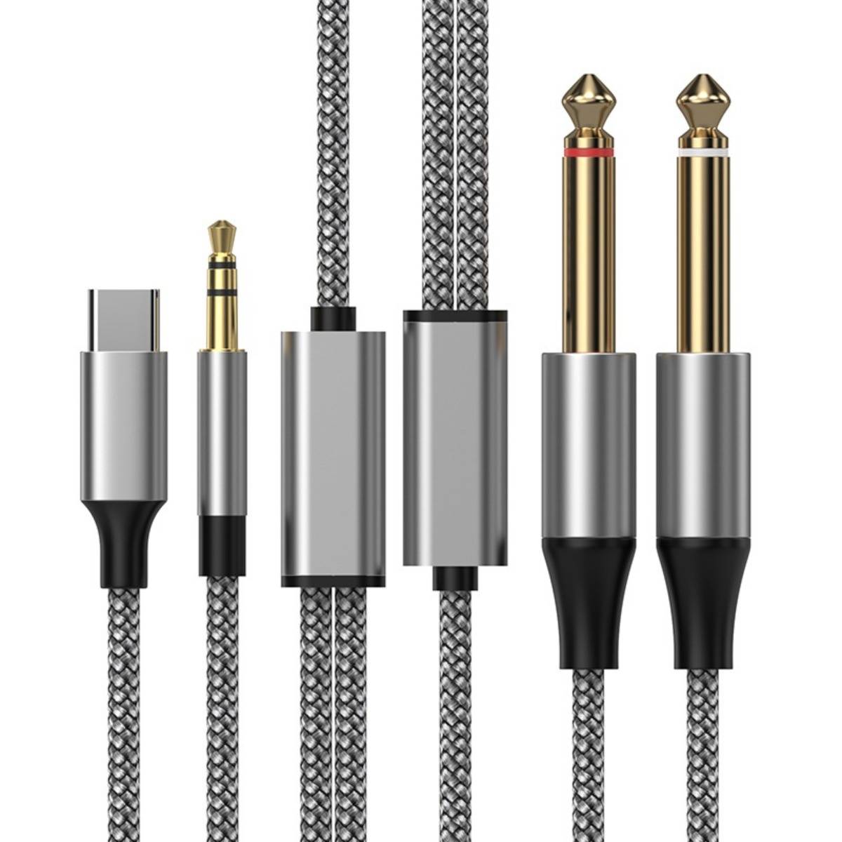 Verschiedene Audio- und Ladekabel mit geflochtenen grauen Schnüren und Metallsteckern, nebeneinander auf weißem Hintergrund dargestellt.