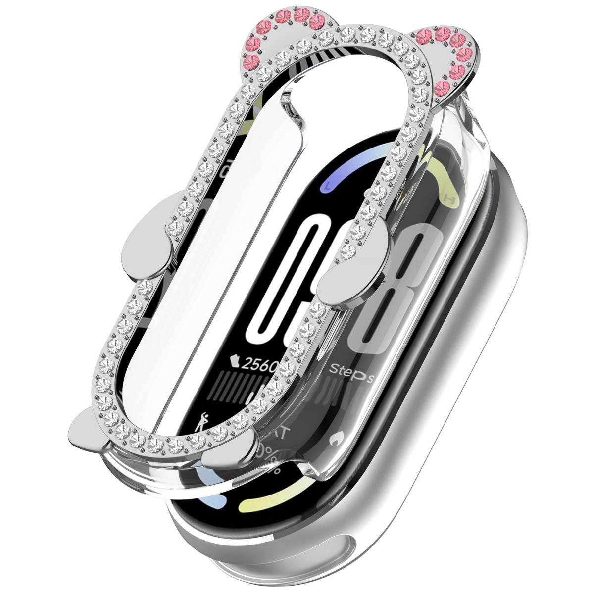 Dekorative Strass-Schutzhülle für einen Fitness-Tracker oder eine Smartwatch, gezeigt in Silber mit rosa Akzenten und einem aufclipbaren Rahmen.