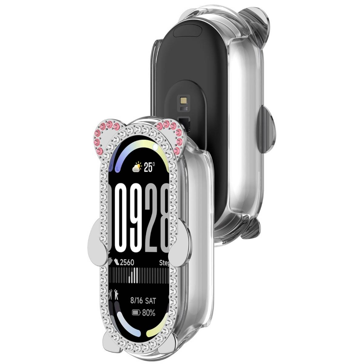 Ein durchsichtiges Schutzgehäuse für eine Smartwatch, verziert mit Rhinesteinchen und Katzenohren, von vorne und hinten gezeigt, mit dem Uhrenbildschirm, auf dem Zeit, Wetter, Datum und Akku angezeigt werden.
