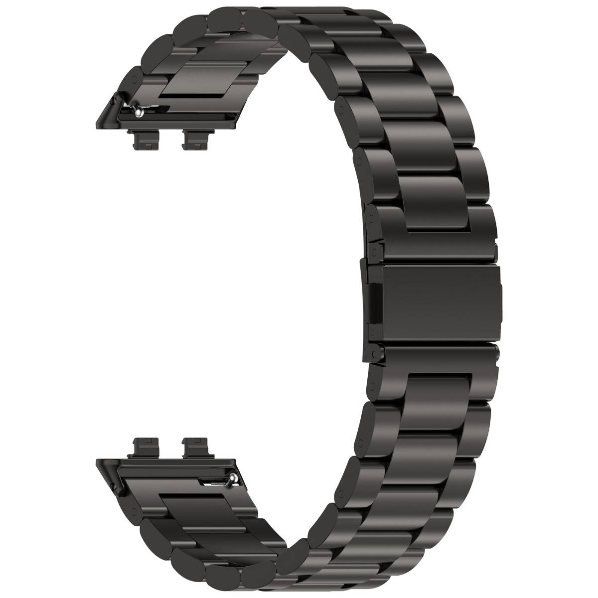 Schwarzes Metall-Gliedarmband mit Verschluss, isoliert auf weißem Hintergrund, geöffnet in einer gebogenen Armreifform.