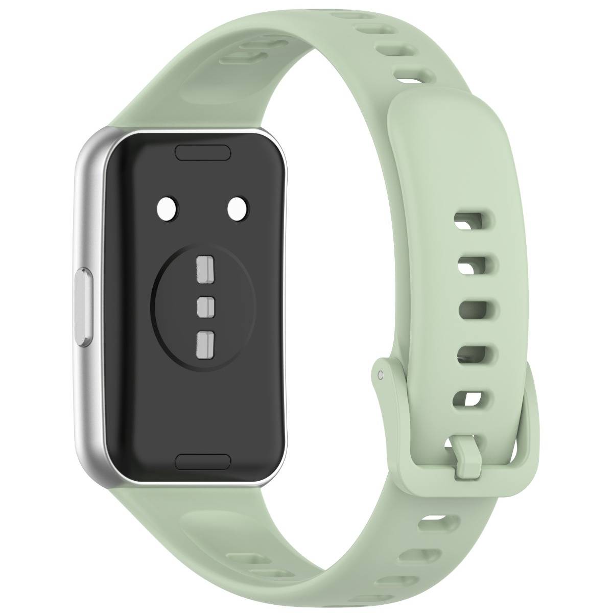 Mintgrüner Fitness-Tracker mit rechteckigem schwarzem Display und silbernem Gehäuse auf einem Silikon-Armband, freigestellt auf weißem Hintergrund dargestellt.