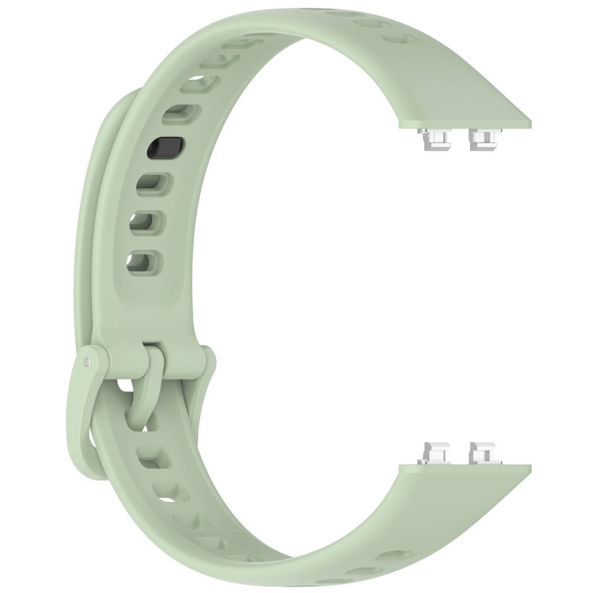 Mintgrünes verstellbares Silikonuhrenarmband mit perforierten Löchern und Metallschließverbindern auf weißem Hintergrund.