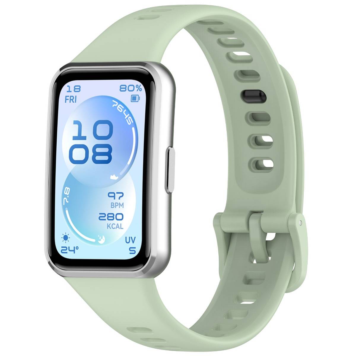Hellgrüne Smartwatch mit rechteckigem Display, das die Uhrzeit 10:08 anzeigt, Freitag 18, Batteriestand 80 %, Herzfrequenz, Kalorien, UV und Wettersymbole.