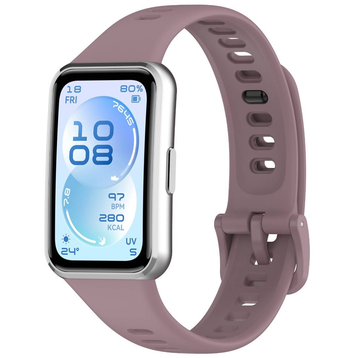 Rosa Fitness-Smartwatch mit rechteckigem Display, das Uhrzeit, Datum, Herzfrequenz, Kalorien, Temperatur, UV-Index und Akkuladestand anzeigt.