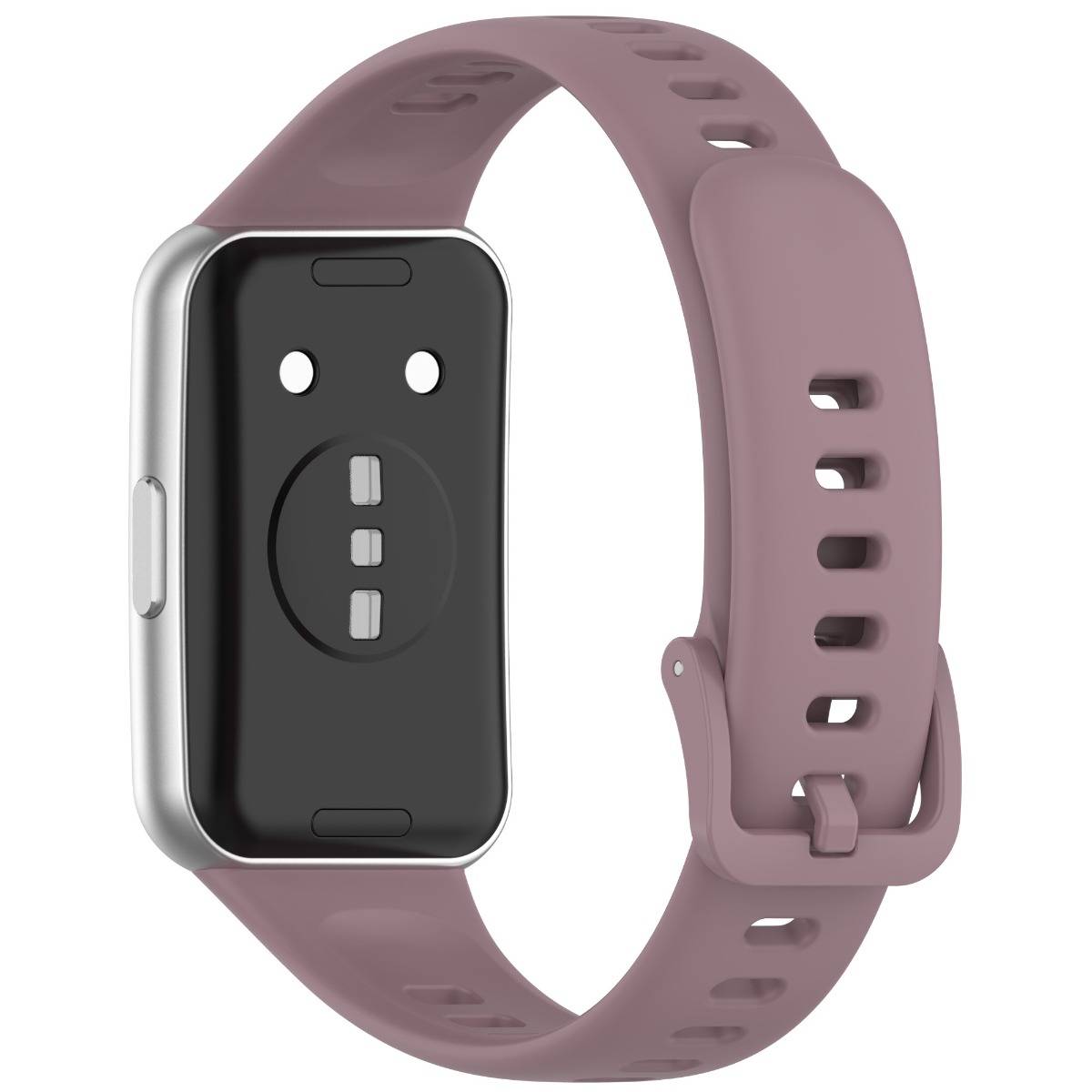 Rechteckige Smartwatch mit maisgelbem Silikonarmband, von hinten auf weißem Hintergrund gezeigt.