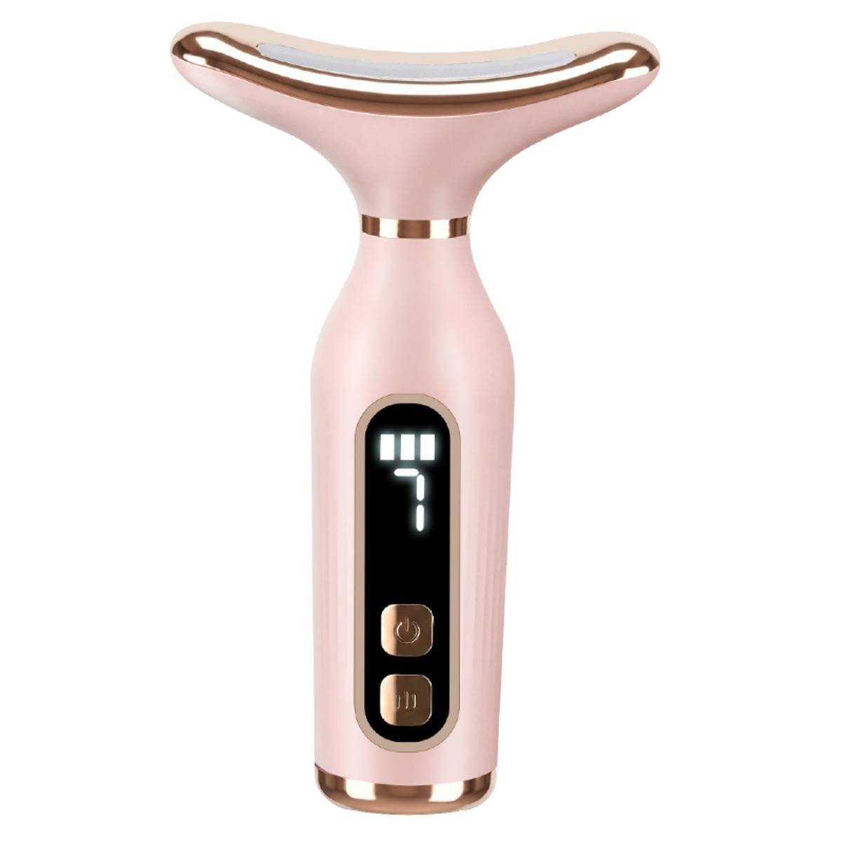 7-farbiges LED-Gesichts- und Nackenmassagegerät mit Wärmefunktion und 7 Vibrationsmodi, LCD-Display, wiederaufladbarem USB-C-Anschluss, tragbarem Sc