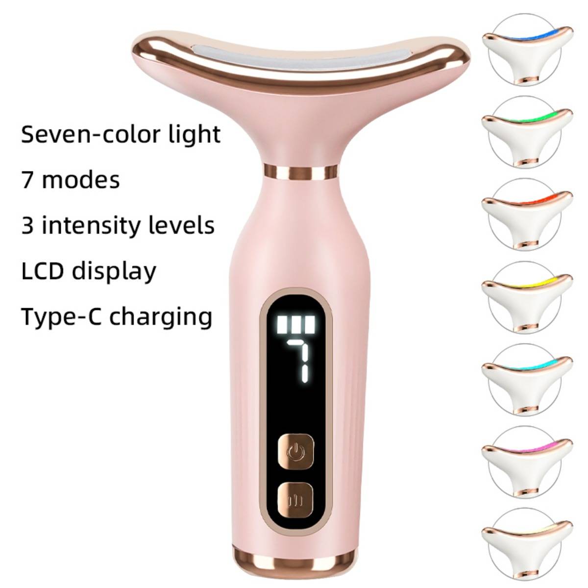 Rosa tragbares Schönheitsgerät mit LCD-Display, Siebenfarblicht, 7 Modi, 3 Intensitätsstufen und USB-C-Ladung; Seitensymbole zeigen Farboptionen.