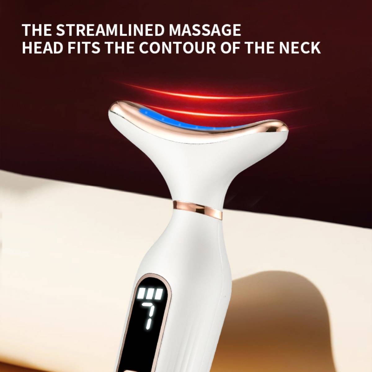 Produktbild eines Nackenmassagegeräts mit gebogenem Kopf; der Text besagt: „Der stromlinienförmige Massagekopf passt sich der Kontur des Nackens an