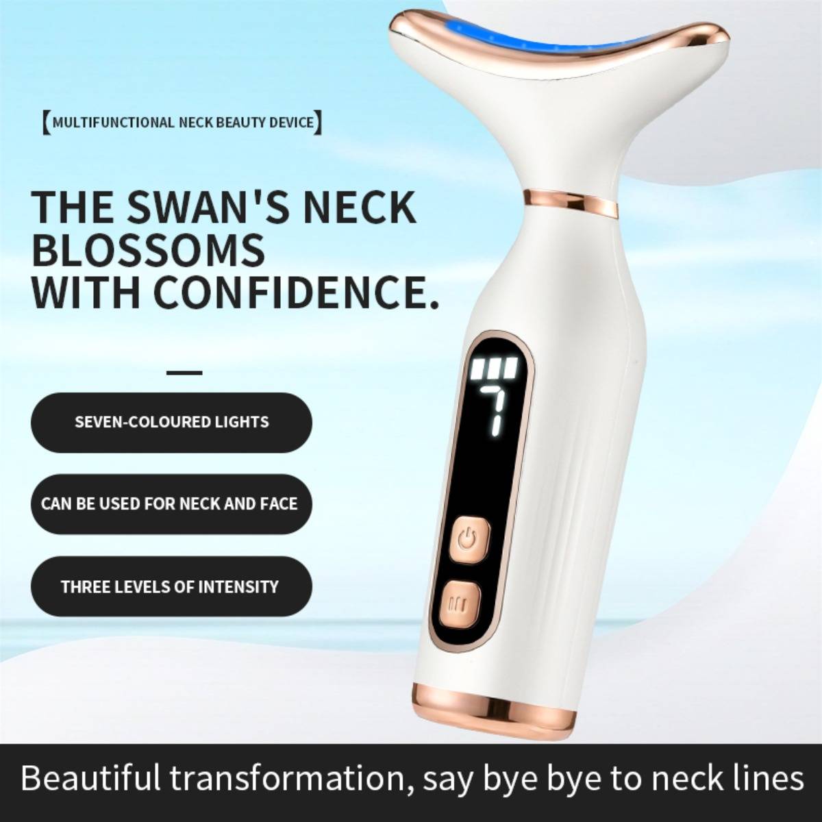 Werbeanzeige für ein multifunktionales Halsschönheitsgerät mit einem handheld Massager in Schwanenhalform mit Display und Tasten; der Text hebt siebenfarbige Lichter, Verwendung für Hals und Gesicht sowie drei Intensitätsstufen hervor.