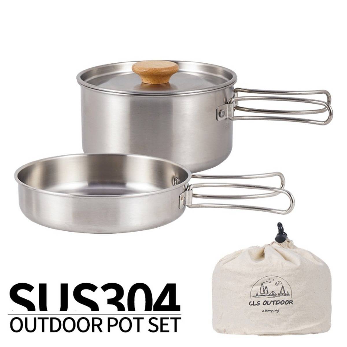 Edelstahl-Kochtopfset für den Außenbereich mit Deckel, Pfanne und Tragetasche, gezeigt mit Text „SUS304 OUTDOOR POT SET".