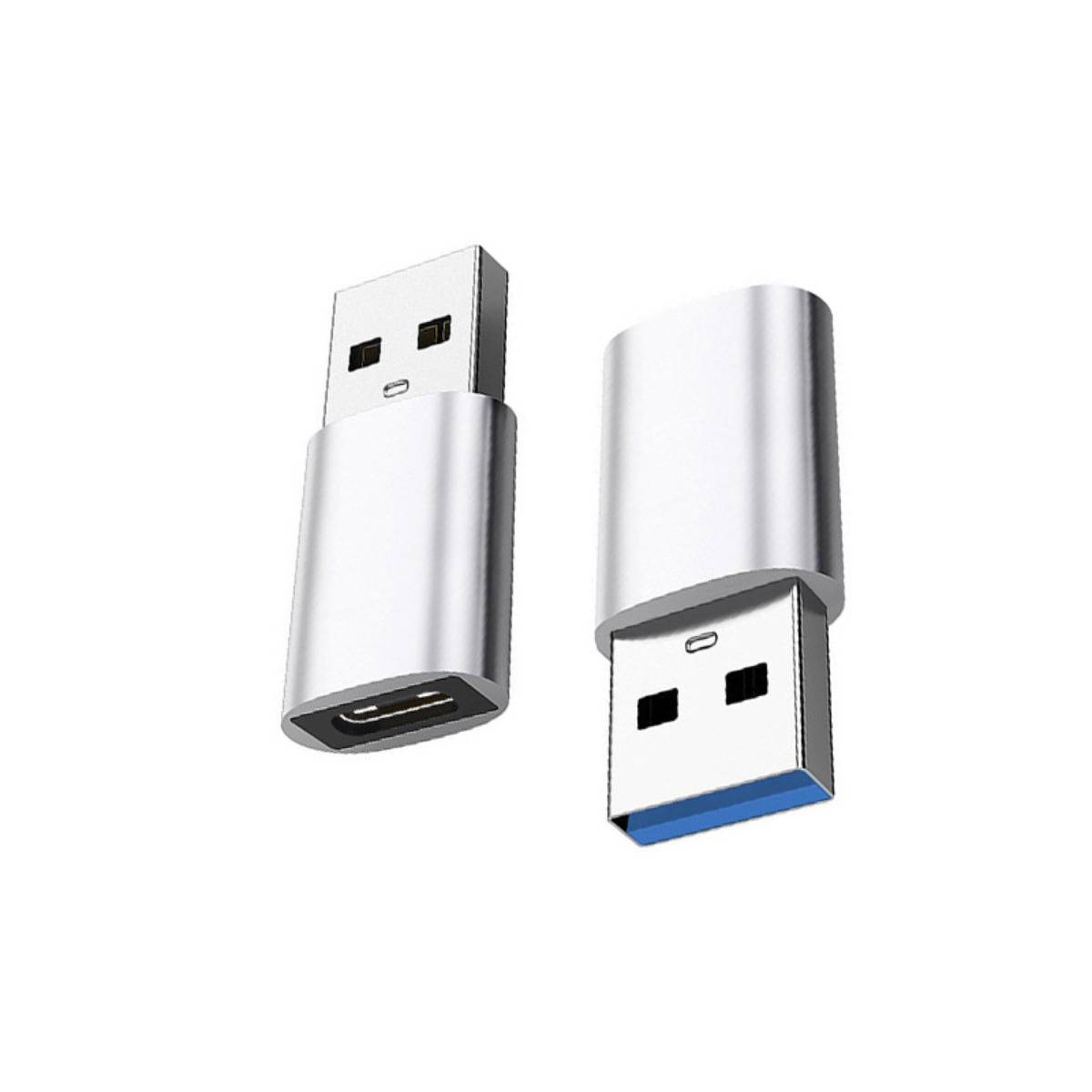 Zwei silberne USB-Adapter auf weißem Hintergrund, einer aufrecht und einer umgekehrt, mit USB-A-Steckerendem und USB-C-Buchsenport.