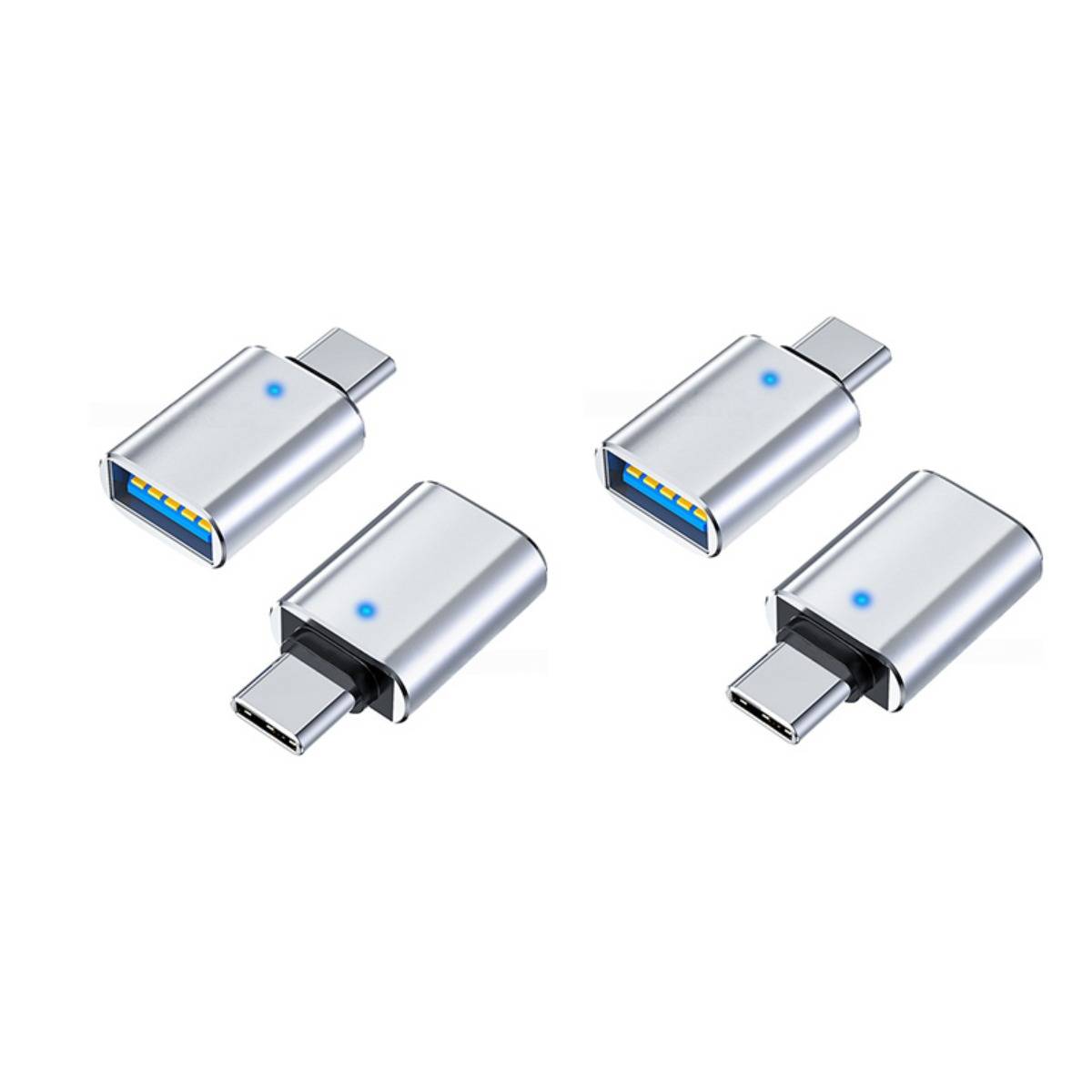 Vier silberne USB-C-Adapter-Stecker in zwei Orientierungen dargestellt, jeweils mit blauem Anzeigelicht und Metallgehäuse auf weißem Hintergrund.