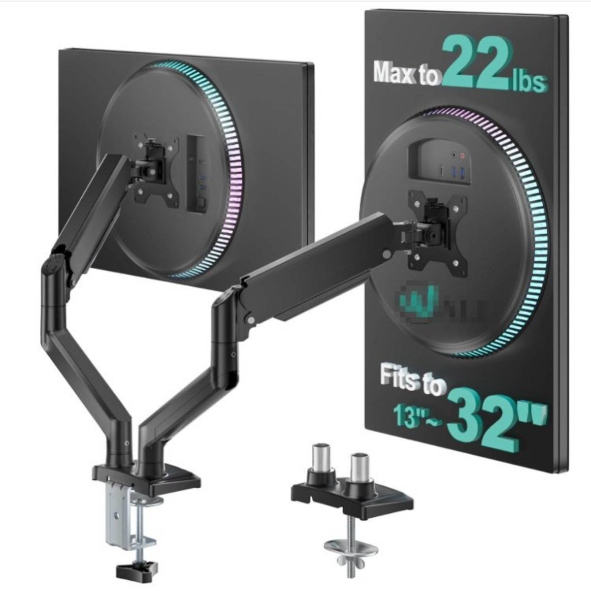 Dual-Monitor-Schreibtischmontagearm mit Klemm- und Grommet-Optionen; Text besagt maximale Traglast von 22 kg und Kompatibilität mit Bildschirmen von 13 bis 32 Zoll.