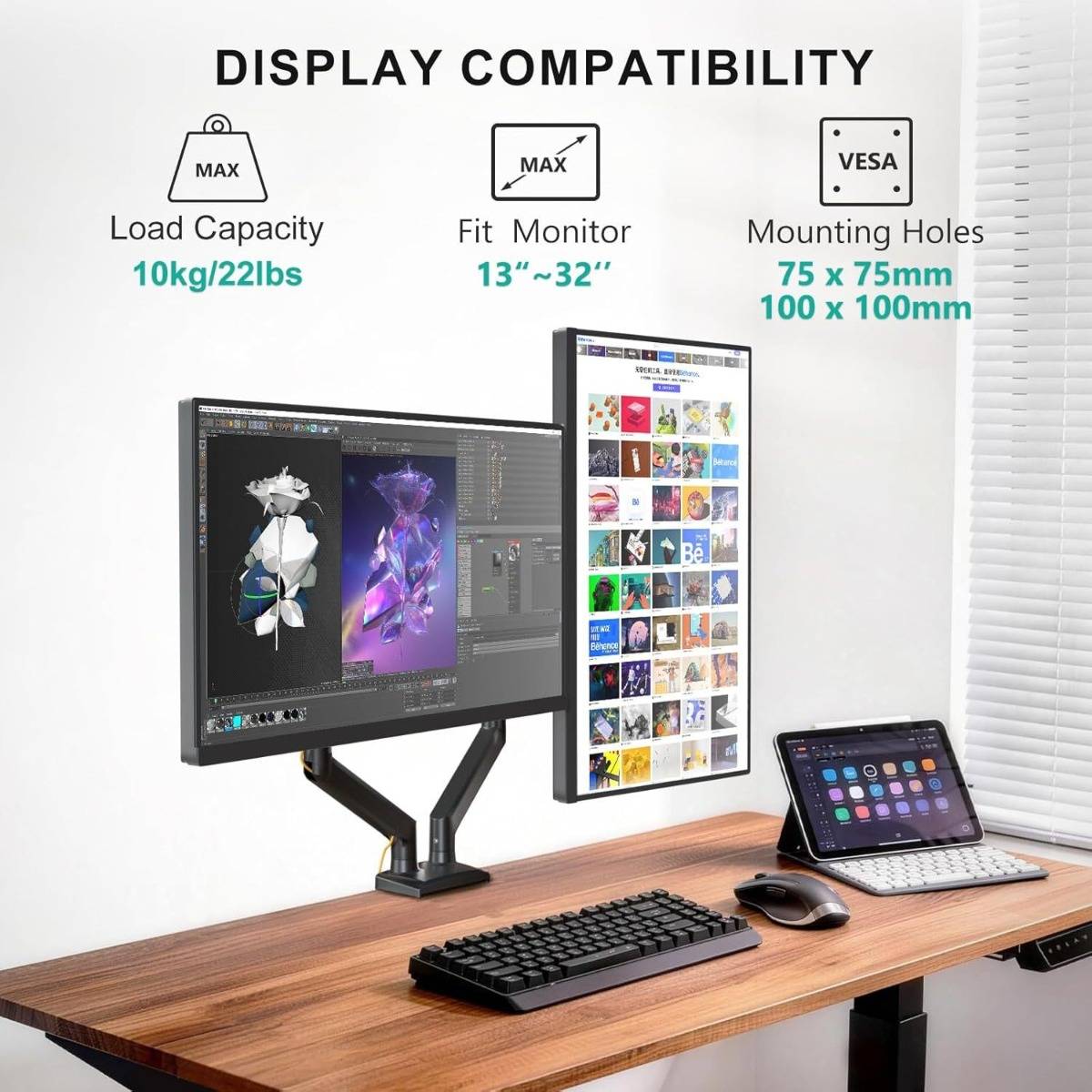 Schwarzer Aluminium Dual-Monitor-Arm — Gasfeder Full-Motion Dual-Arm Tischhalterung für Dual- und Curved-Monitore