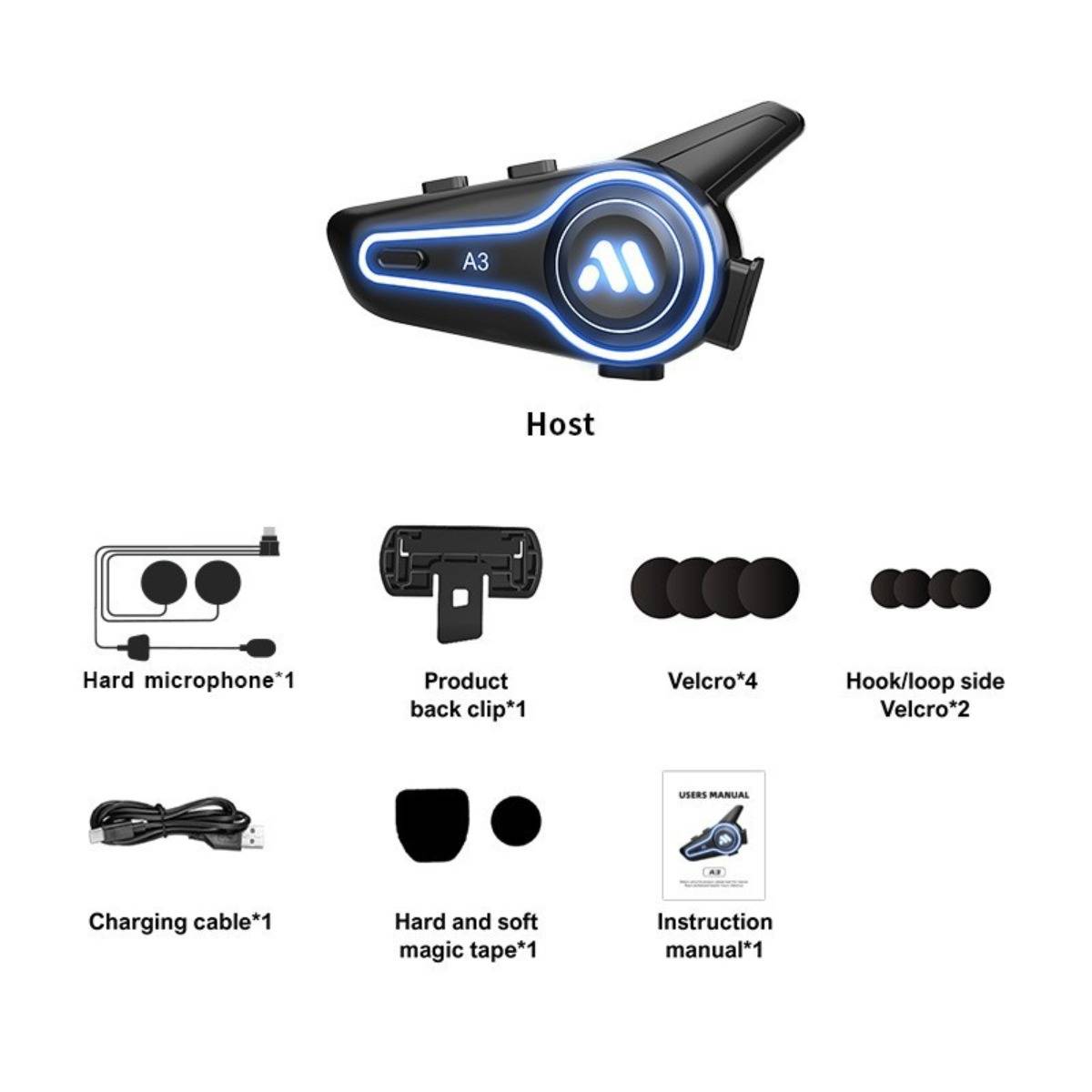 Produktpaketinhalte für ein A3-Host-Gerät: das Gerät, hartes Mikrofon, Rückenclip, Klettverschlussstücke, Hook-and-Loop-Klettverschluss, Ladekabel, Magierband und Bedienungsanleitung.