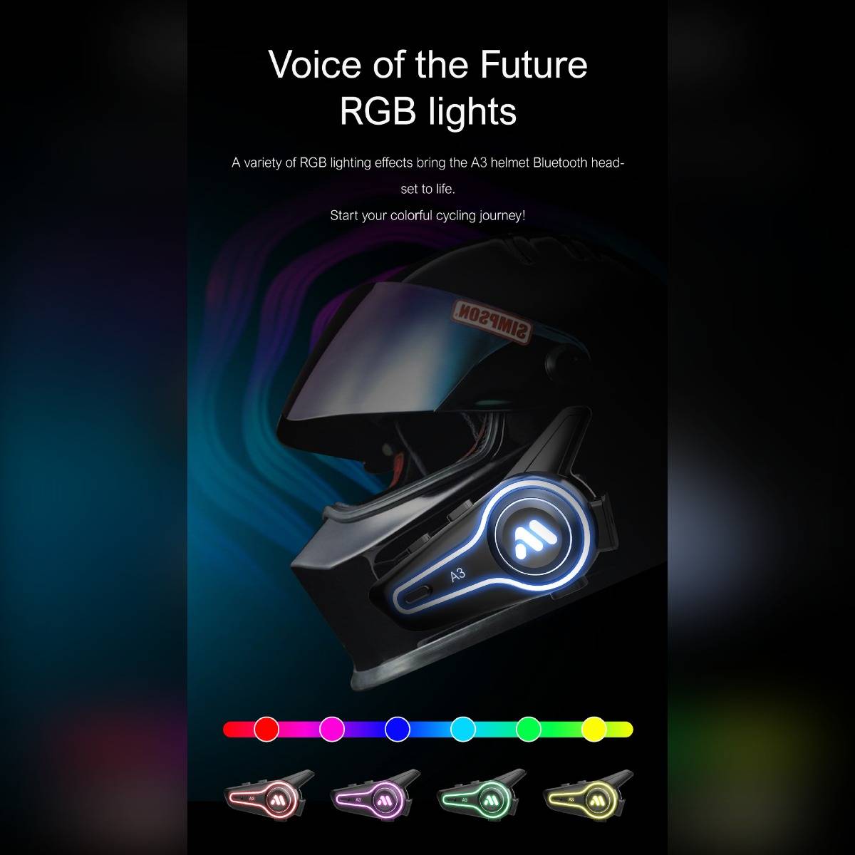 Werbegrafik für ein A3-Bluetooth-Headset mit RGB-Leuchten, das Headset in Blau beleuchtet und eine Farbzyklus-Leiste mit mehreren leuchtenden Farboptionen.