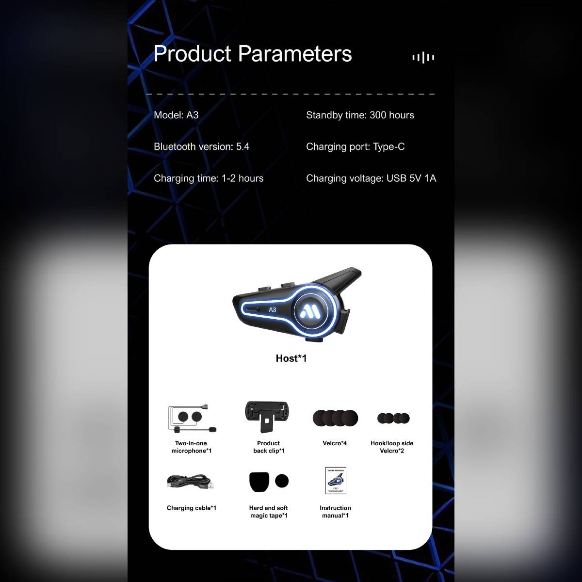 Produktparameter für A3-Gerät: Bluetooth 5.4, 300 Stunden Standby, USB-Typ-C-Ladung, 1-2 Stunden Ladezeit, 5V 1A Eingang. Beinhaltet Host, Mikrofon, Rückenclip, Klettverschluss, Ladekabel und Bedienungsanleitung.