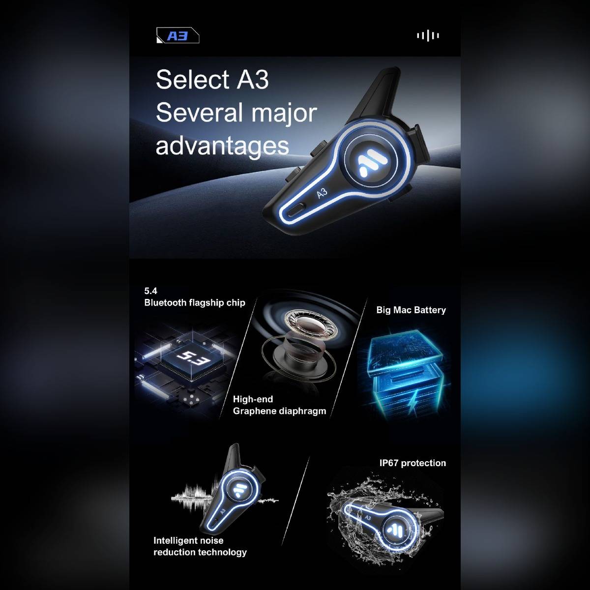 Werbe-Grafik für kabellose „Select A3"-Kopfhörer mit Hervorhebung der Hauptvorteile: 5.4-Bluetooth-Chip, hochwertige Graphen-Membran, großer Akku, IP67-Schutz und intelligente Geräuschunterdrückung.