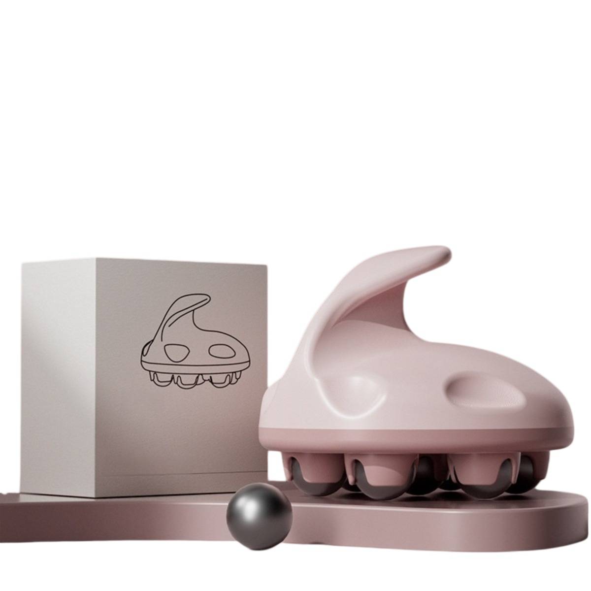 Rosa futuristisches schuhähnliches Gerät auf einer mauvefarbenen Plattform neben einer Box mit einer Linienzeichnung, mit einer kleinen schwarzen Kugel davor.