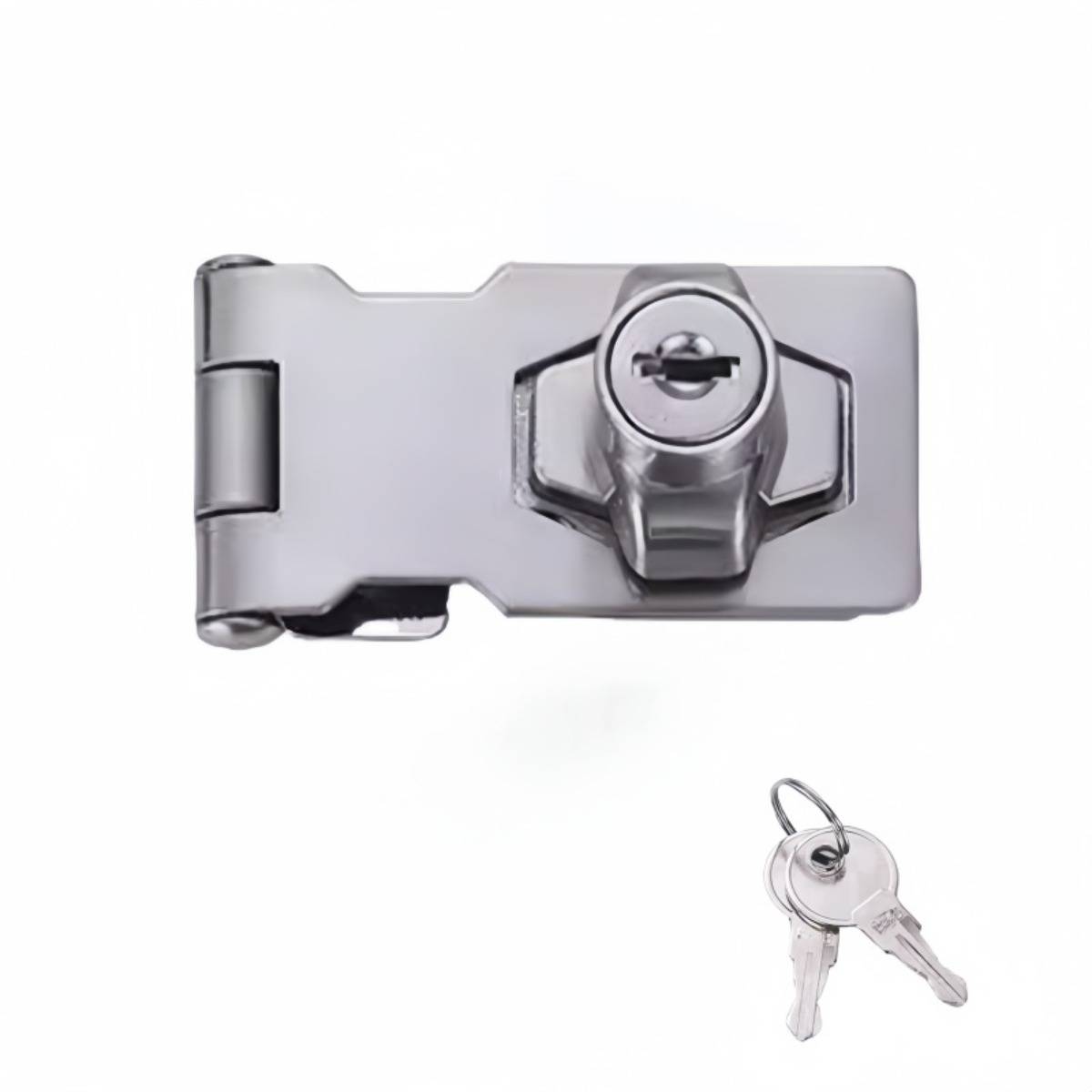 Kleines silbernes Metall-Nockenschloss mit zwei Schlüsseln auf weißem Hintergrund.