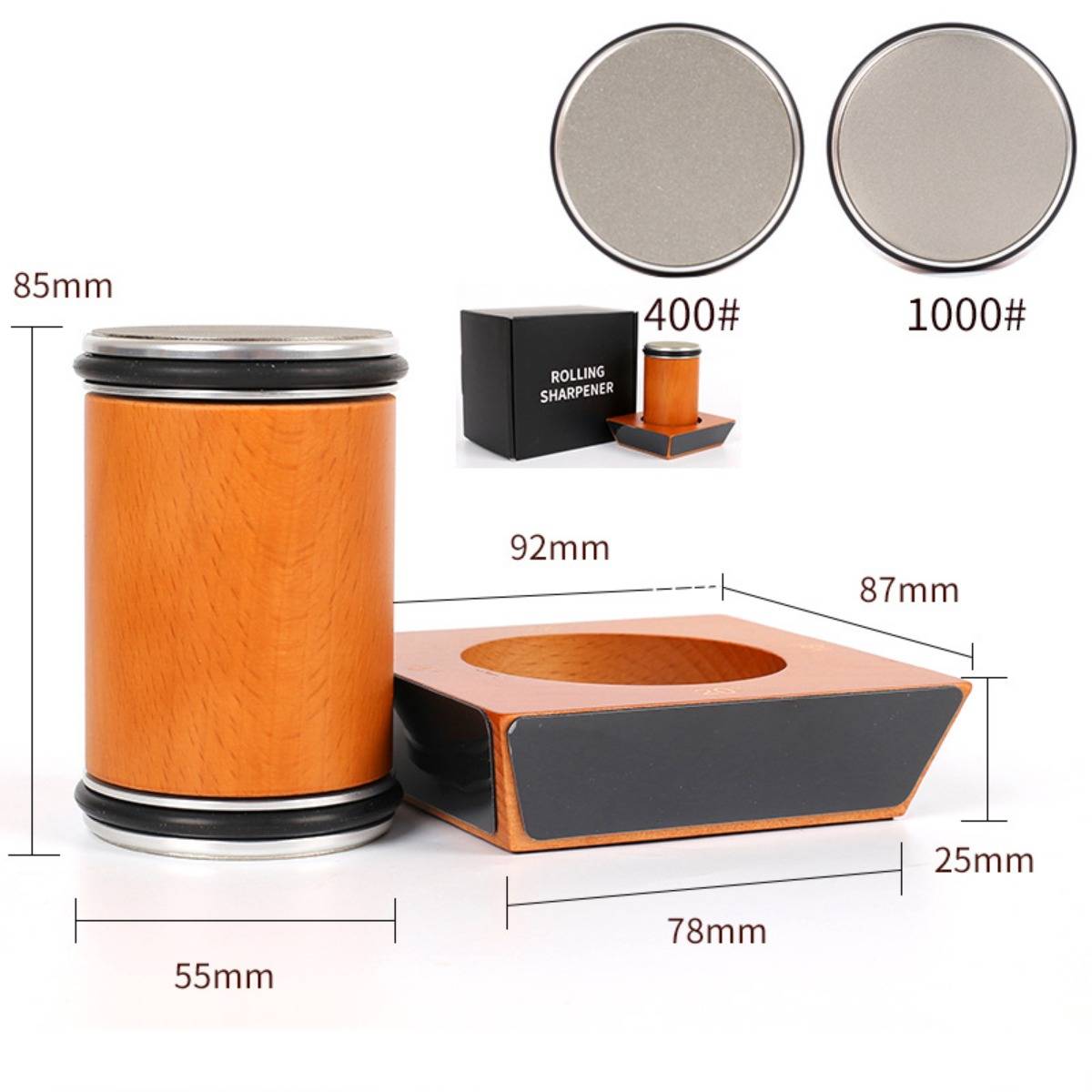 Produktabmessungen-Diagramm eines Rollschärfers, das zylindrische und rechteckige Formen mit beschrifteten Maßen zeigt: 85 mm, 55 mm, 92 mm, 87 mm, 78 mm, 25 mm, plus Schleifteller mit 400er und 1000er Körnung.