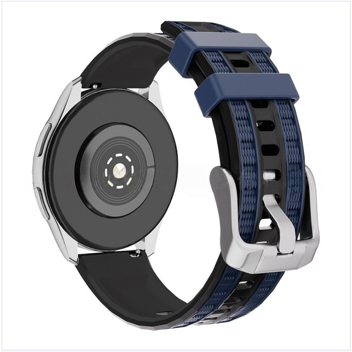 Smartwatch-Armband mit schwarzem kreisförmigem Uhrengehäuse und blauem gewebtem Armband mit silberner Schnalle, gezeigt auf weißem Hintergrund.