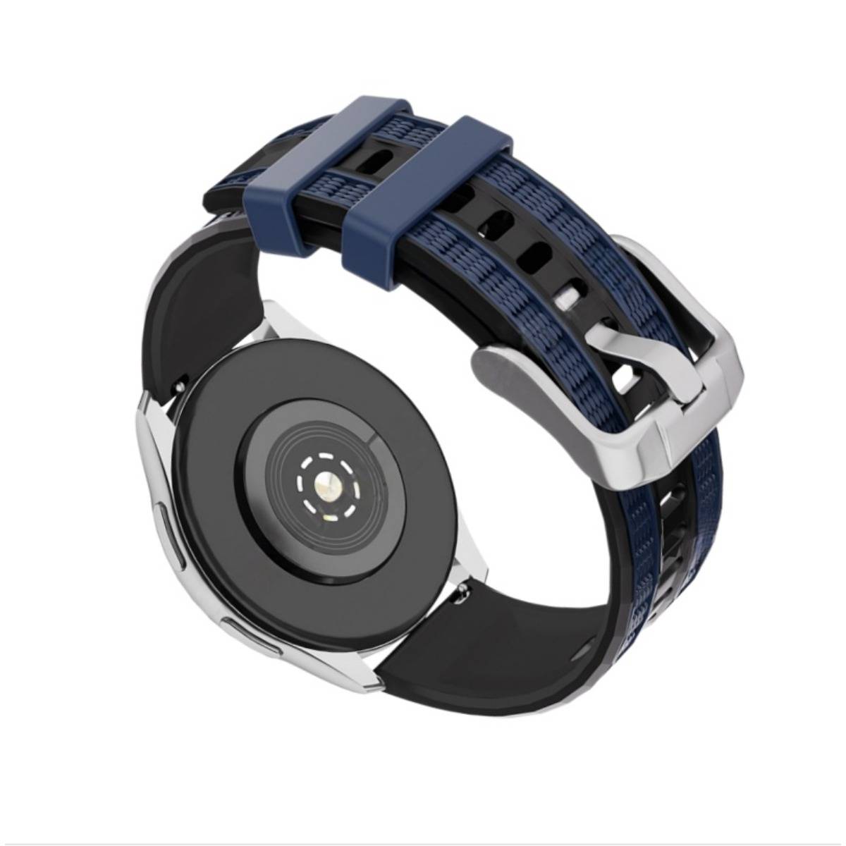 Rückansicht einer runden Smartwatch mit blau-schwarzem perforiertem Armband und silberner Schließe, die den Ladesensor auf weißem Hintergrund zeigt