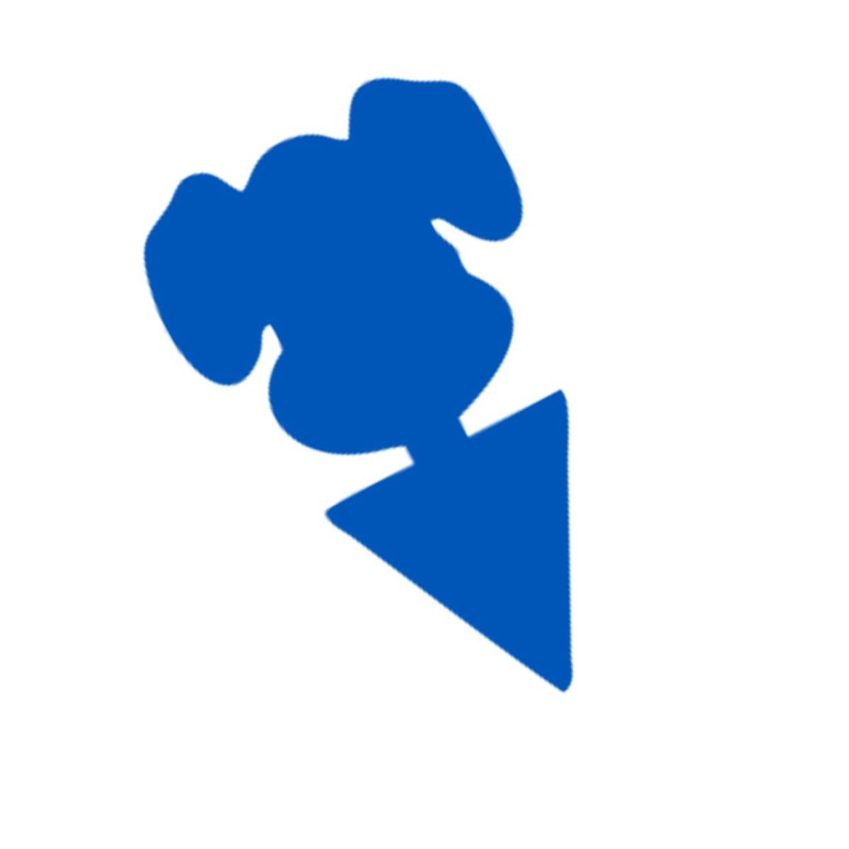 Blaues abstraktes Symbol, das einen nach unten zeigenden Pfeil oder eine Kartenmarkierung auf weißem Hintergrund darstellt.