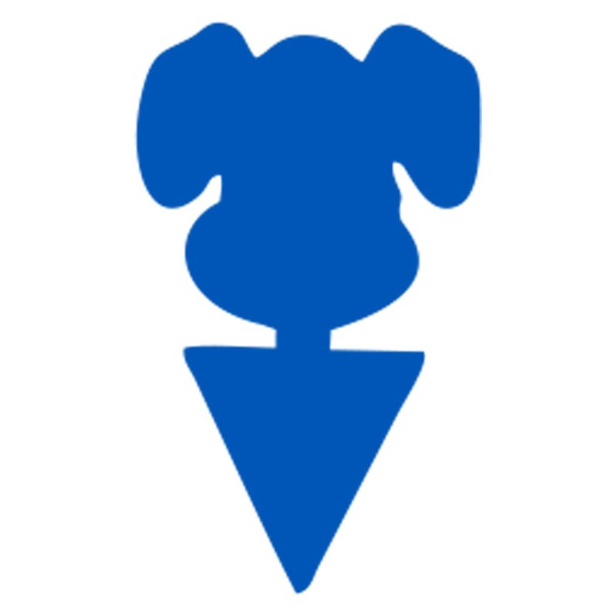 Blaues stilisiertes Symbol eines Hundekopfes über einem nach unten zeigenden Dreieck, ähnlich einer Haustiermarkierung oder einem Logo.
