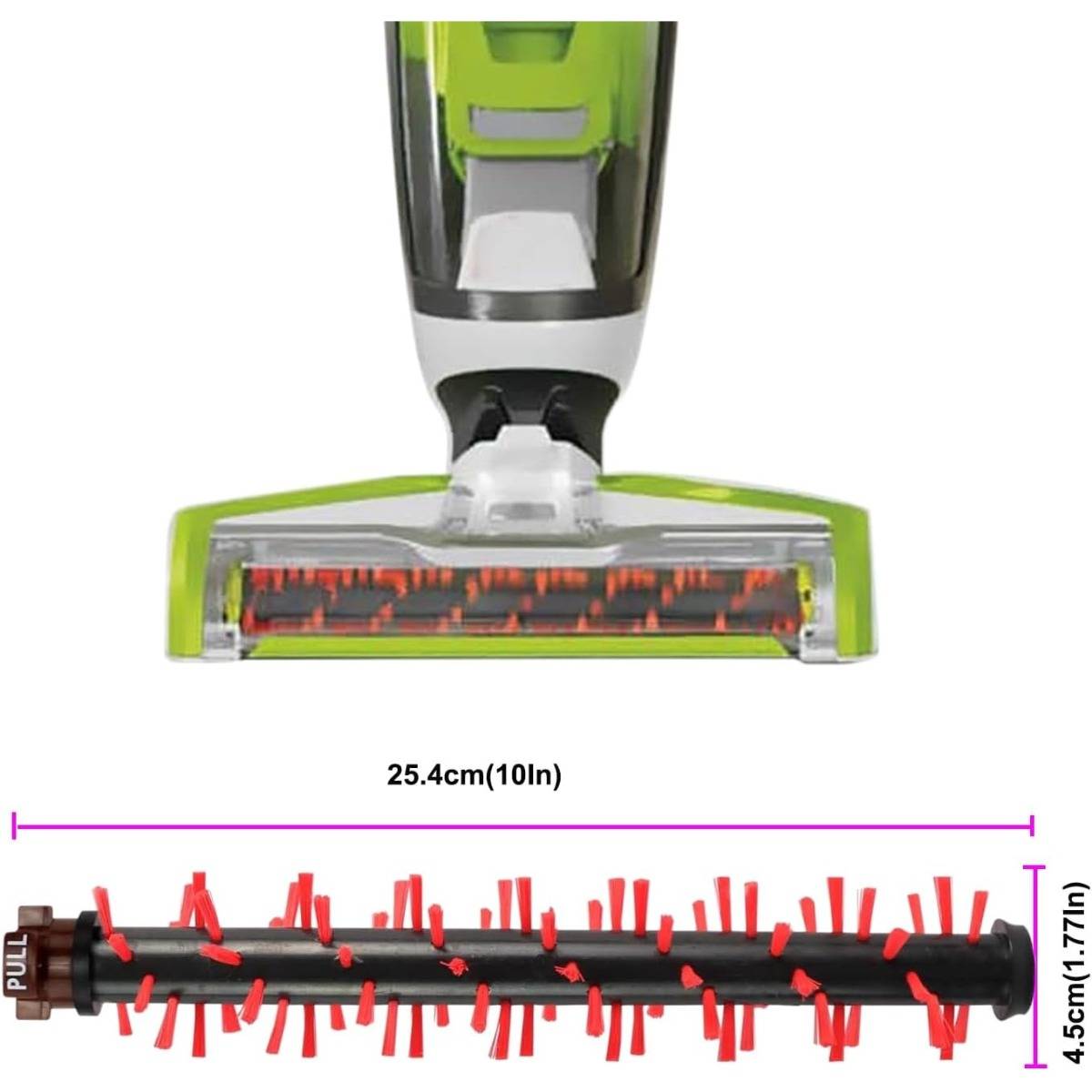 Vergleichsgrafik eines Staubsaugerkopfs: oben zeigt sich ein breiterer 25,4 cm Kopf; unten zeigt sich eine 4,5 cm rotierende Bürste mit roten Borsten und einer „PULL"-Beschriftung.