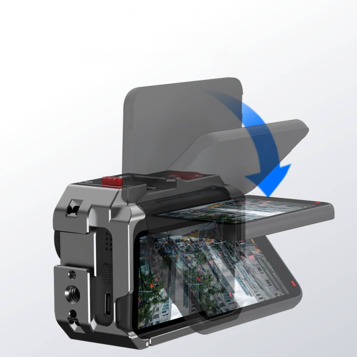 3D-Camcorder mit ausgeklapptem LCD-Bildschirm, der sich nach außen dreht, mit einem blauen Pfeil, der anzeigt, dass sich der Bildschirm nach außen schwenkt.