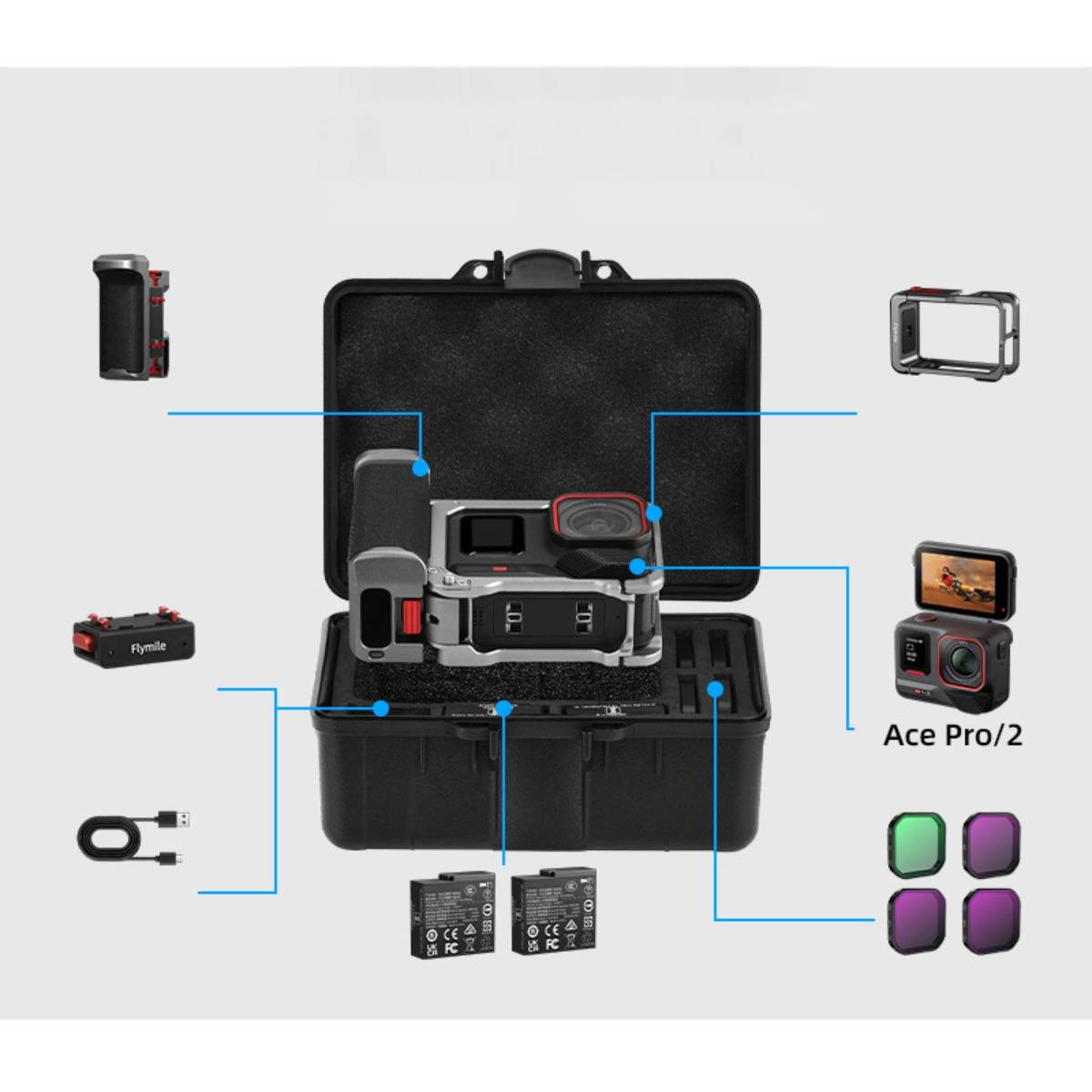 Instax-Kamera-Set im Stil einer Sofortbildkamera in einem stabilen Transportkoffer, mit Beschriftungszeilen für die Kamera, Zubehör, zwei Batterien, Ladegerät und vier farbige Objektivfilter.