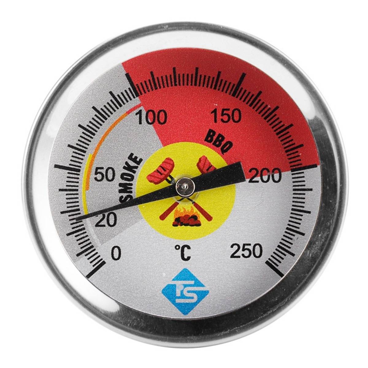 Analoges Grillthermometer mit Zifferblatt mit der Beschriftung SMOKE und BBQ, zeigt etwa 200°C auf einer Skala von 0–250.