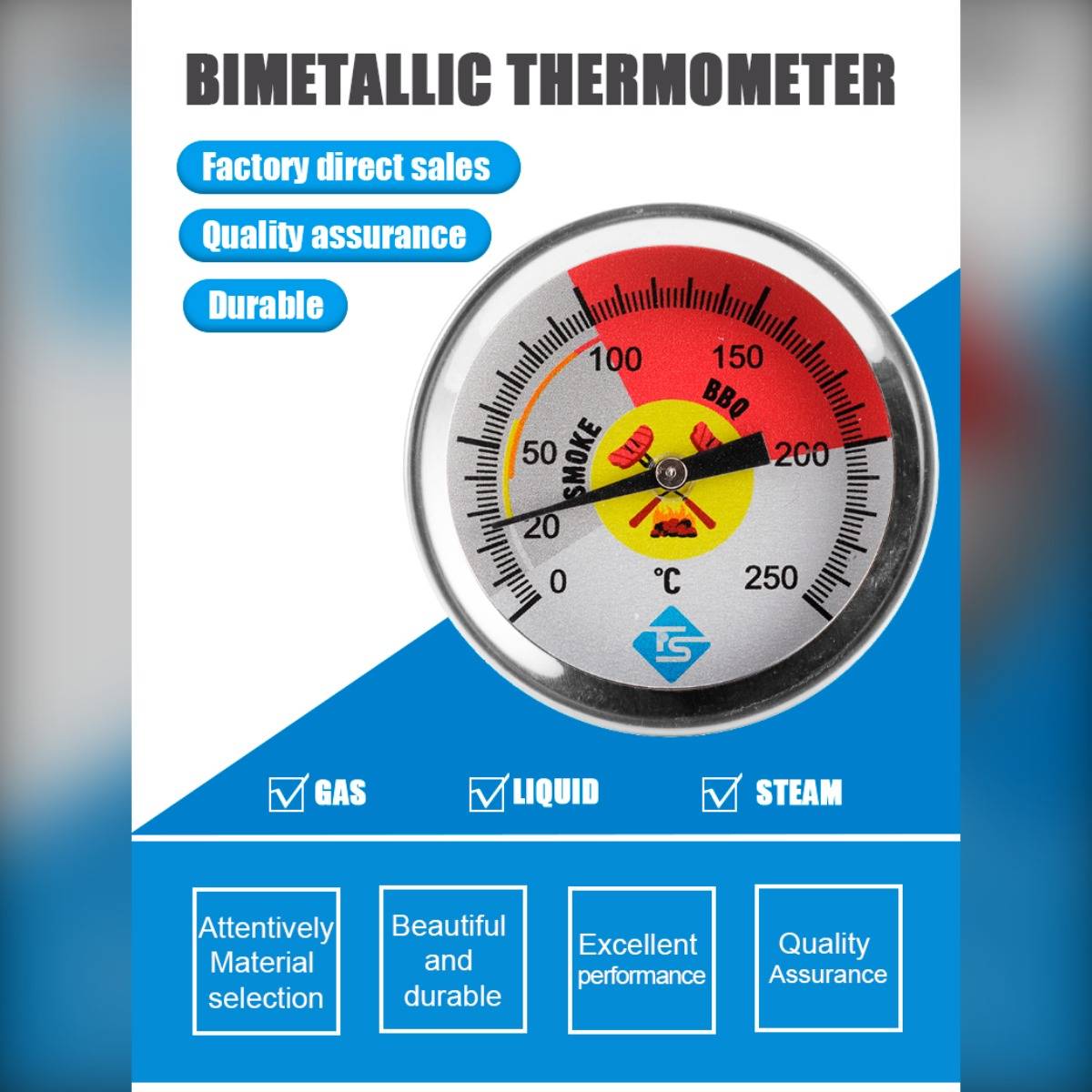 Bimetall-Zifferblatt-Thermometer für BBQ, Ofen und Kessel - Edelstahl, analog, mechanisch, ohne Strom