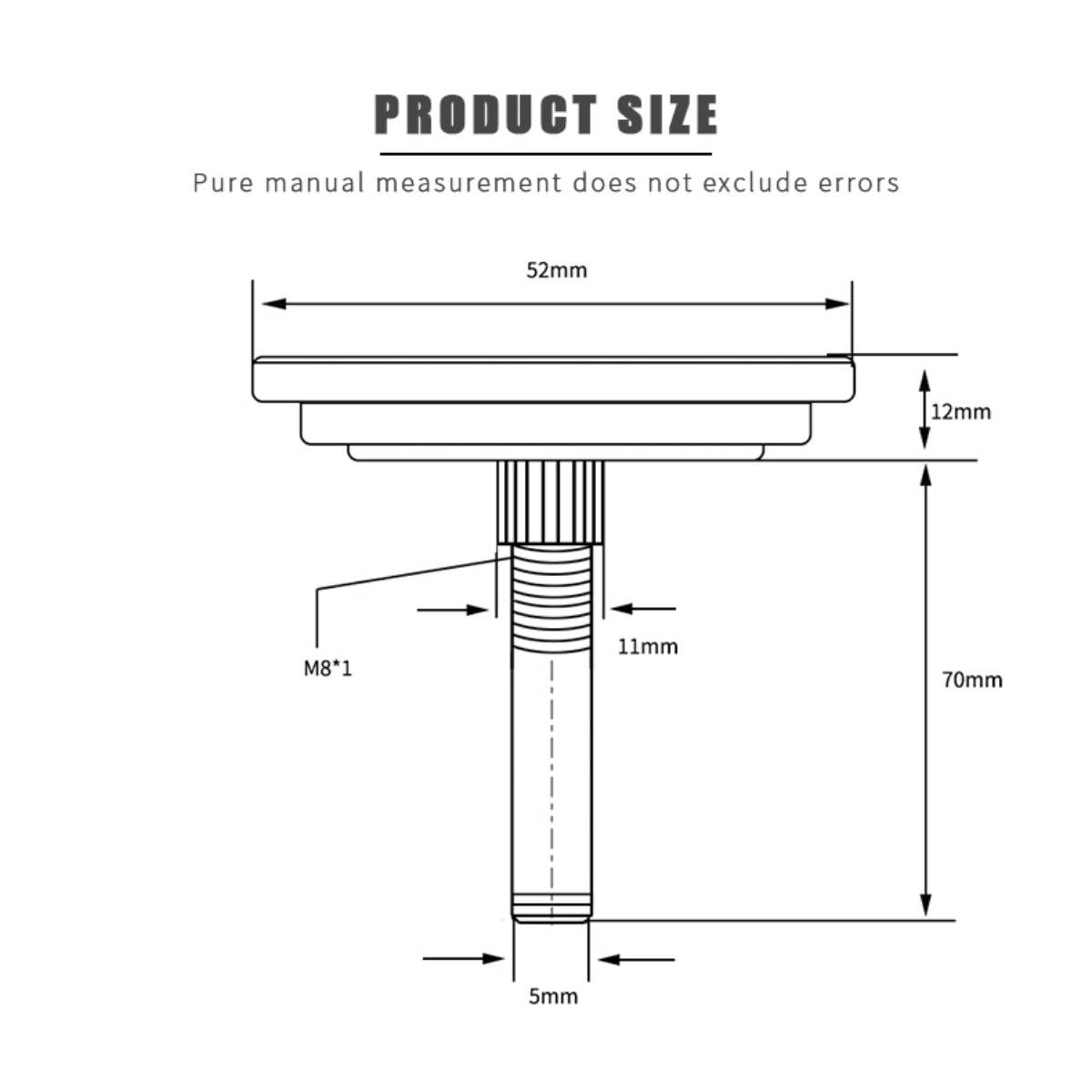 Produktgrößendiagramm eines schraubenartigen Teils: 52 mm obere Breite, 12 mm obere Höhe, 70 mm Schaftlänge, 11 mm Gewindeabschnitt, 5 mm Durchmesser unten, M8*1 Gewinde.