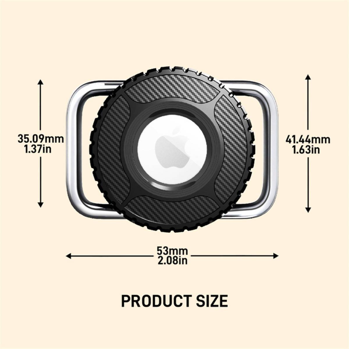 Größendiagramm eines Produkts eines runden Geräts mit Metallclip, das die Abmessungen 53 mm Breite und 35,09 mm/41,44 mm Höhe zeigt.