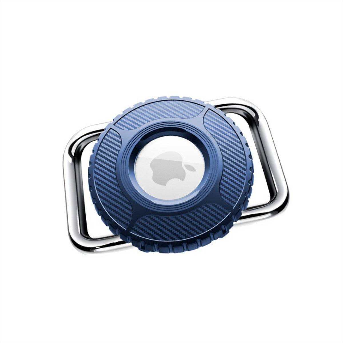 Blauer kreisförmiger Apple Watch-Adapter oder Halterung mit zentralem Apple-Logo, dargestellt auf weißem Hintergrund mit silberner Schließe dahinter.