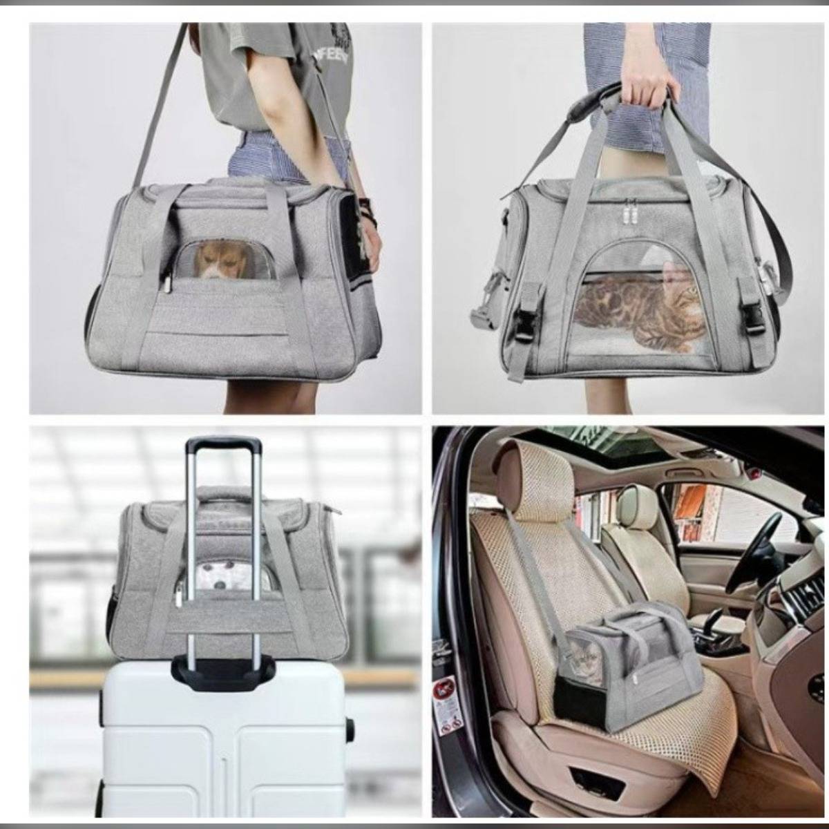 Graue Haustier-Transporttasche mit Mesh-Fenstern, dargestellt als Schultertasche, mit Befestigung für Rollkoffer und gesichert im Autositz zum Reisen.