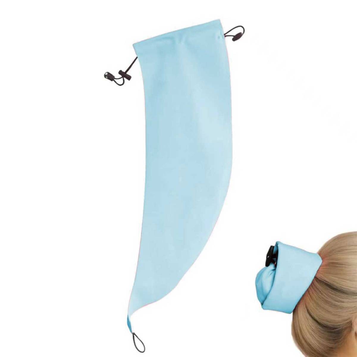 Hellblauer Haarstyling-Ärmel mit elastischen Schleifen und angebrachtem Clip, neben blonde Haare einer Frau abgebildet, um zu zeigen, wie er bei der Verwendung passt.