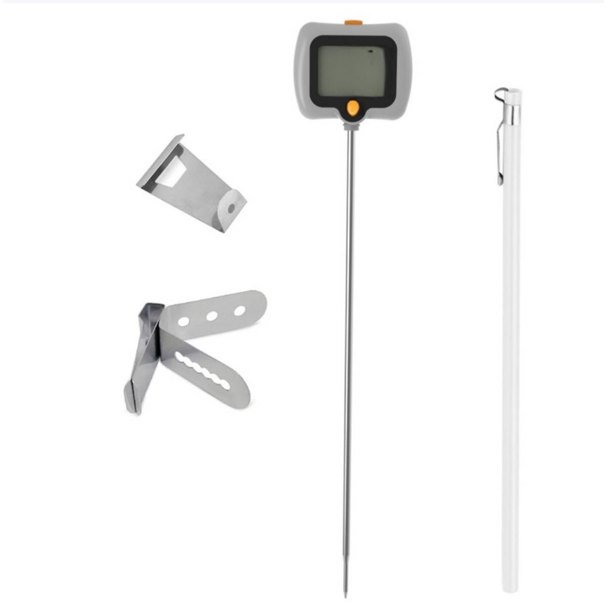 Digitales Lebensmittelthermometer mit Metallfühler, Clip, Klapptool und durchsichtiger Aufbewahrungsröhre auf weißem Hintergrund.