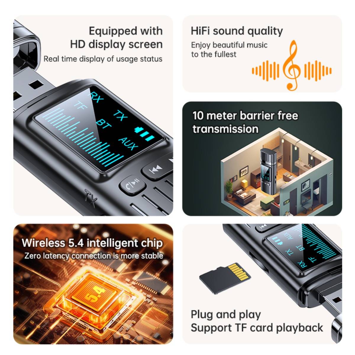 Werbegrafiik für einen kabellosen Bluetooth/FM-Autoadapter mit HD-Display, HiFi-Sound, 10-Meter-Reichweite, 5.4-Chip und Plug-and-Play-Unterstützung für TF-Karten.