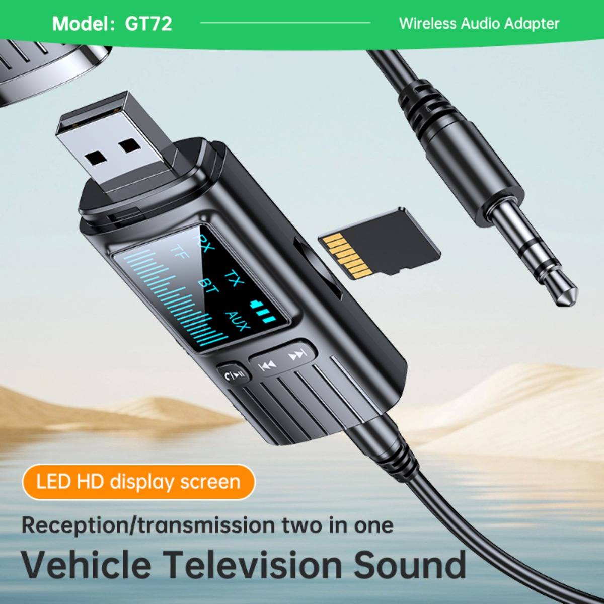 Werbebild eines GT72 Wireless-Audio-Adapters mit USB-Stecker, 3,5-mm-Klinke und LED-Display, gekennzeichnet für den Empfang/die Übertragung von Fahrzeugfernsehton.